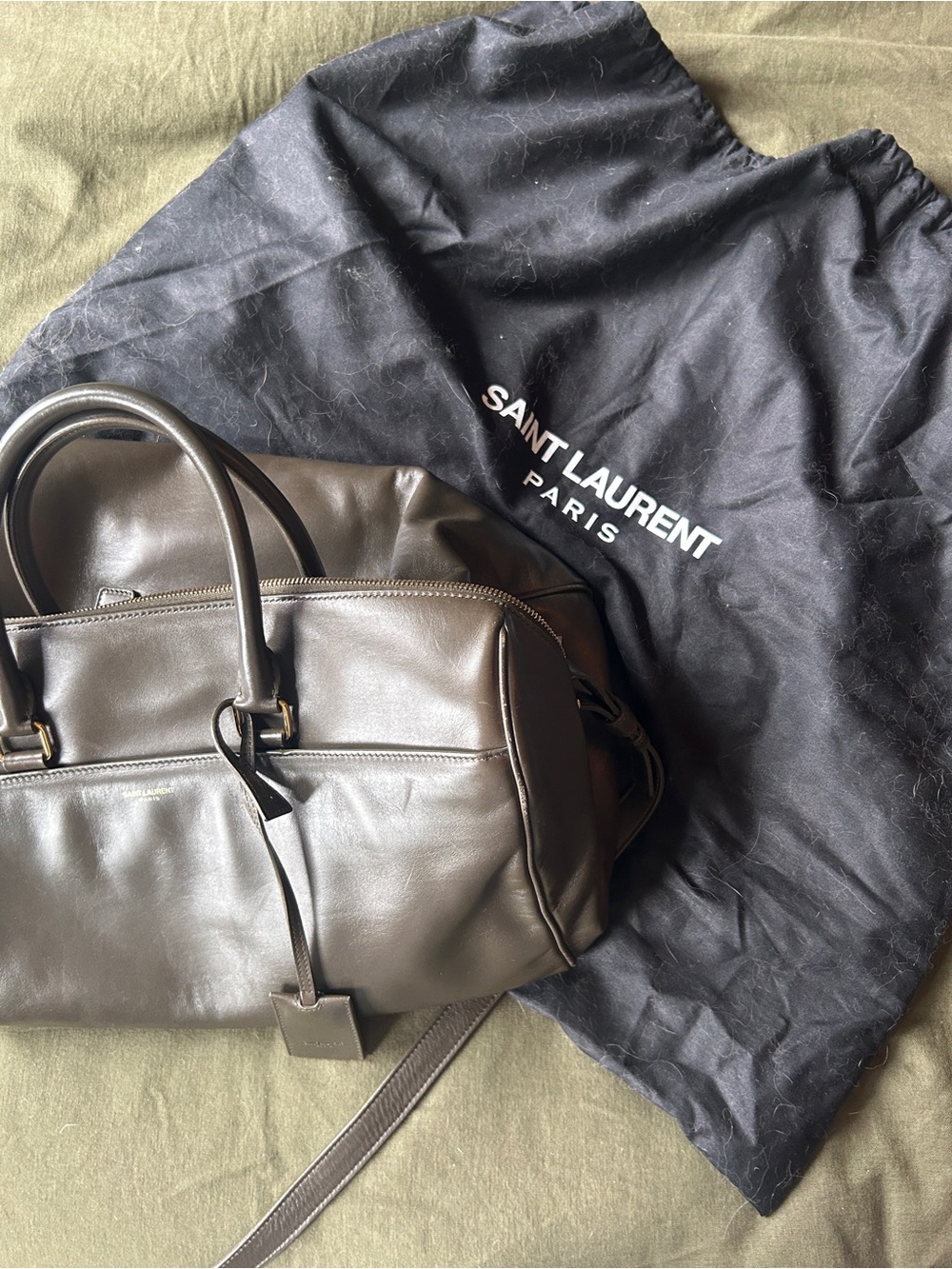 Saint Laurent Leather Satchel Bag - Muted Olive Green